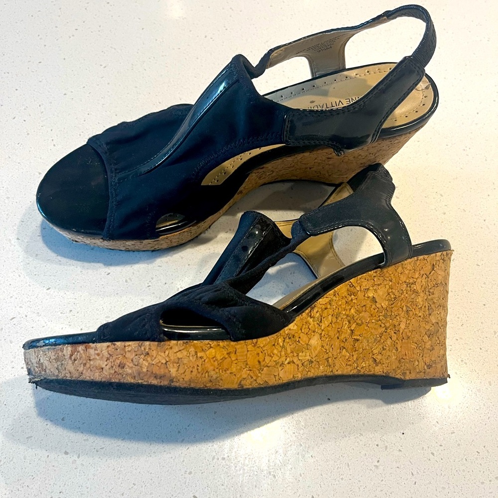 Adrienne Vittadini Black Cork Wedges